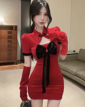 Fashion spicegirl velvet red short sleeve slim dress for women