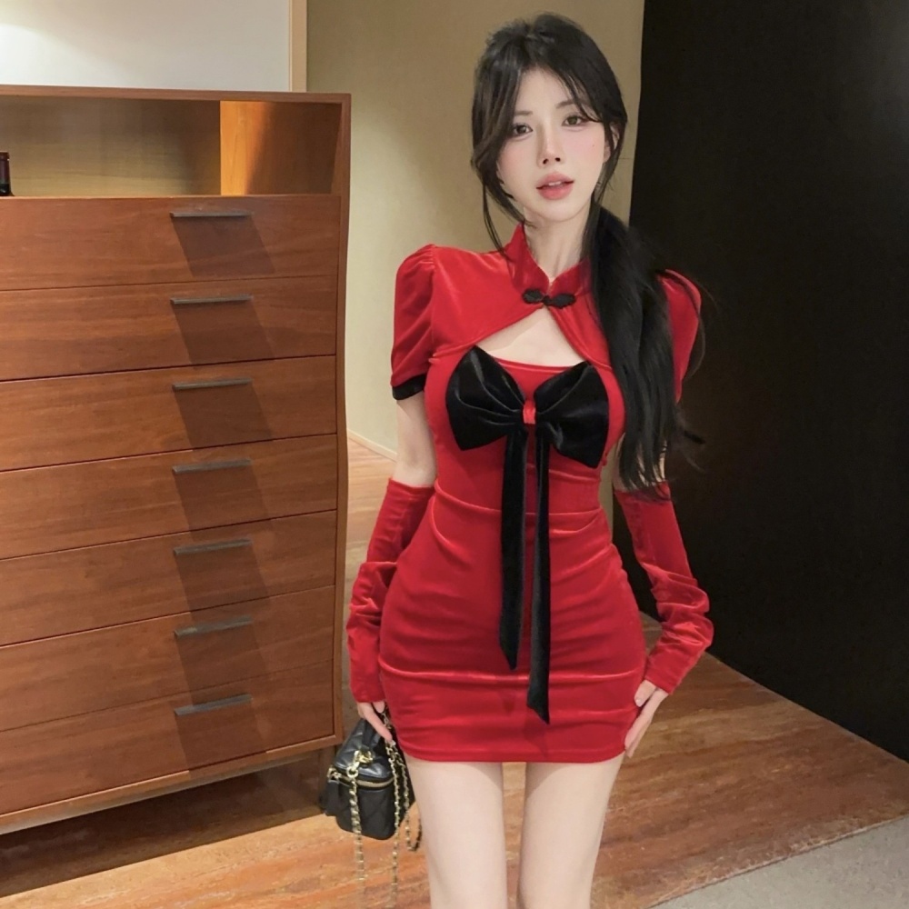 Fashion spicegirl velvet red short sleeve slim dress for women