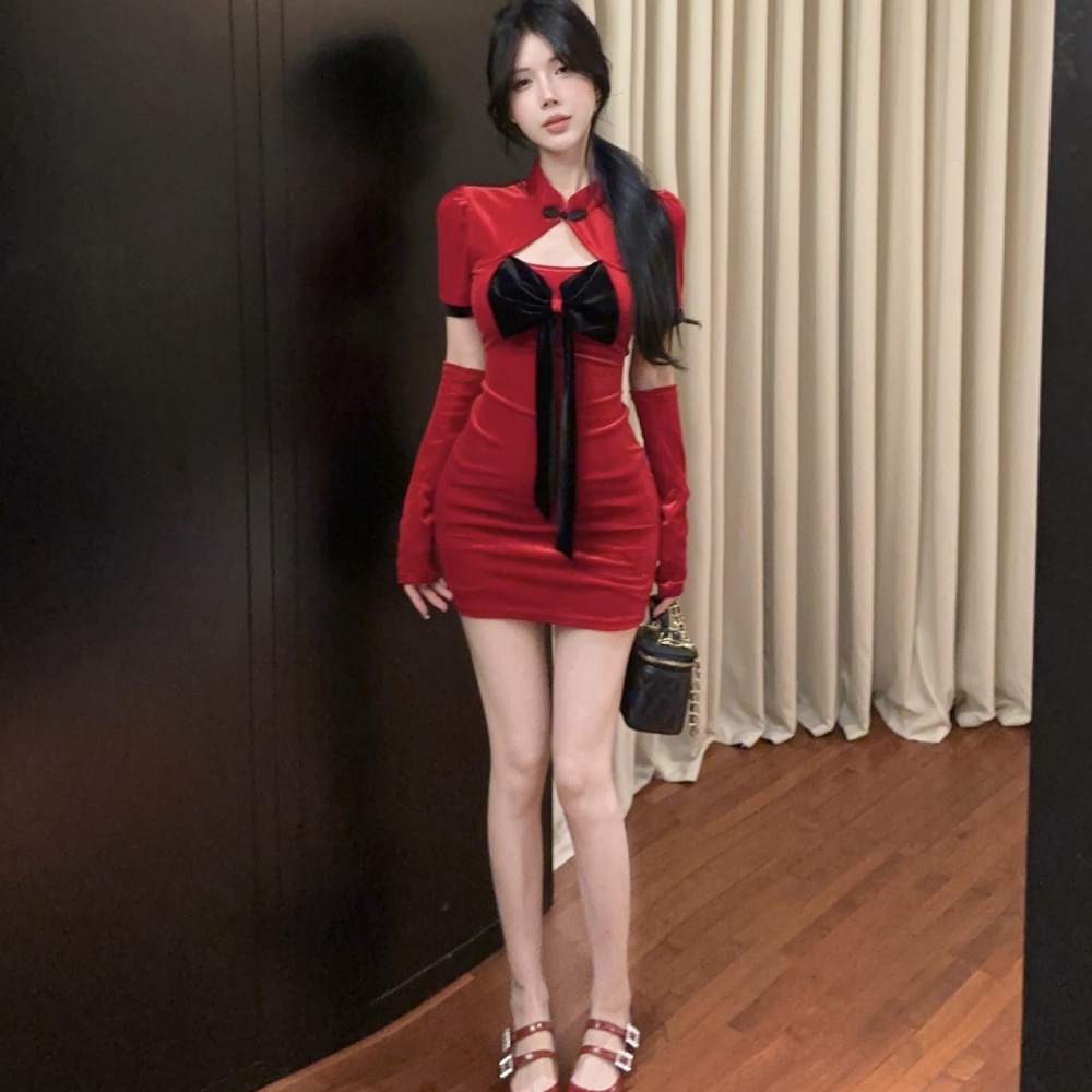 Fashion spicegirl velvet red short sleeve slim dress for women