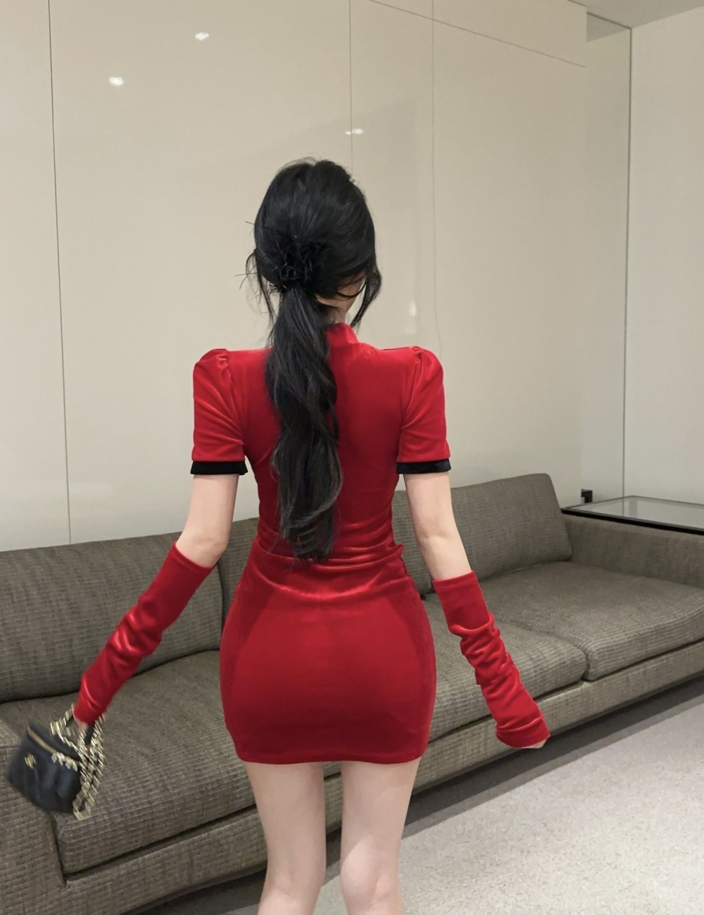 Fashion spicegirl velvet red short sleeve slim dress for women