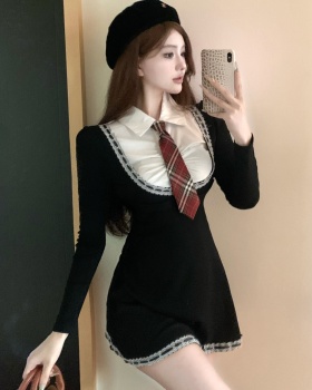 Long sleeve splice shirt with tie college style dress