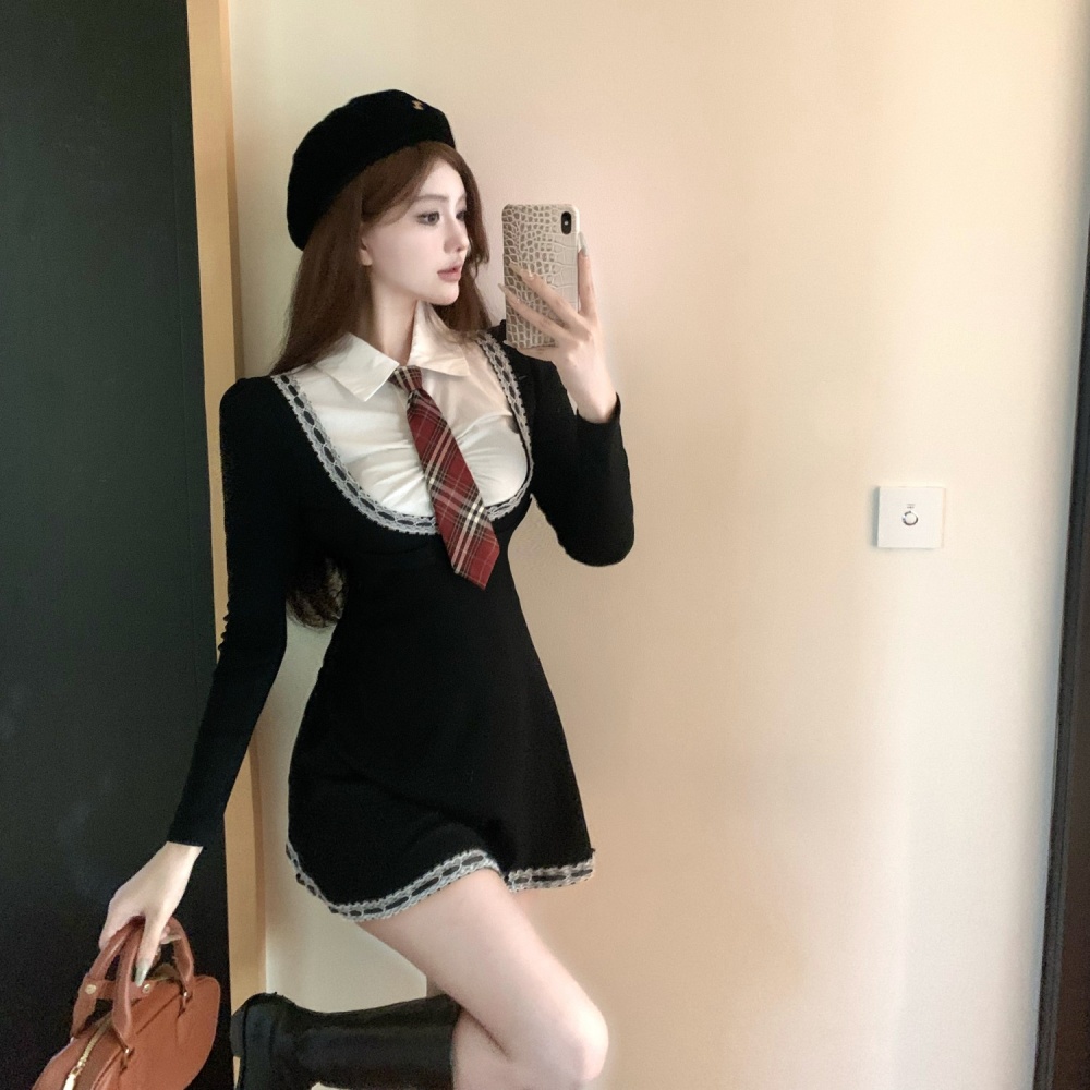 Long sleeve splice shirt with tie college style dress