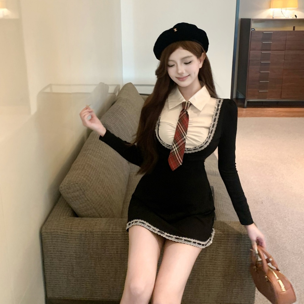 Long sleeve splice shirt with tie college style dress