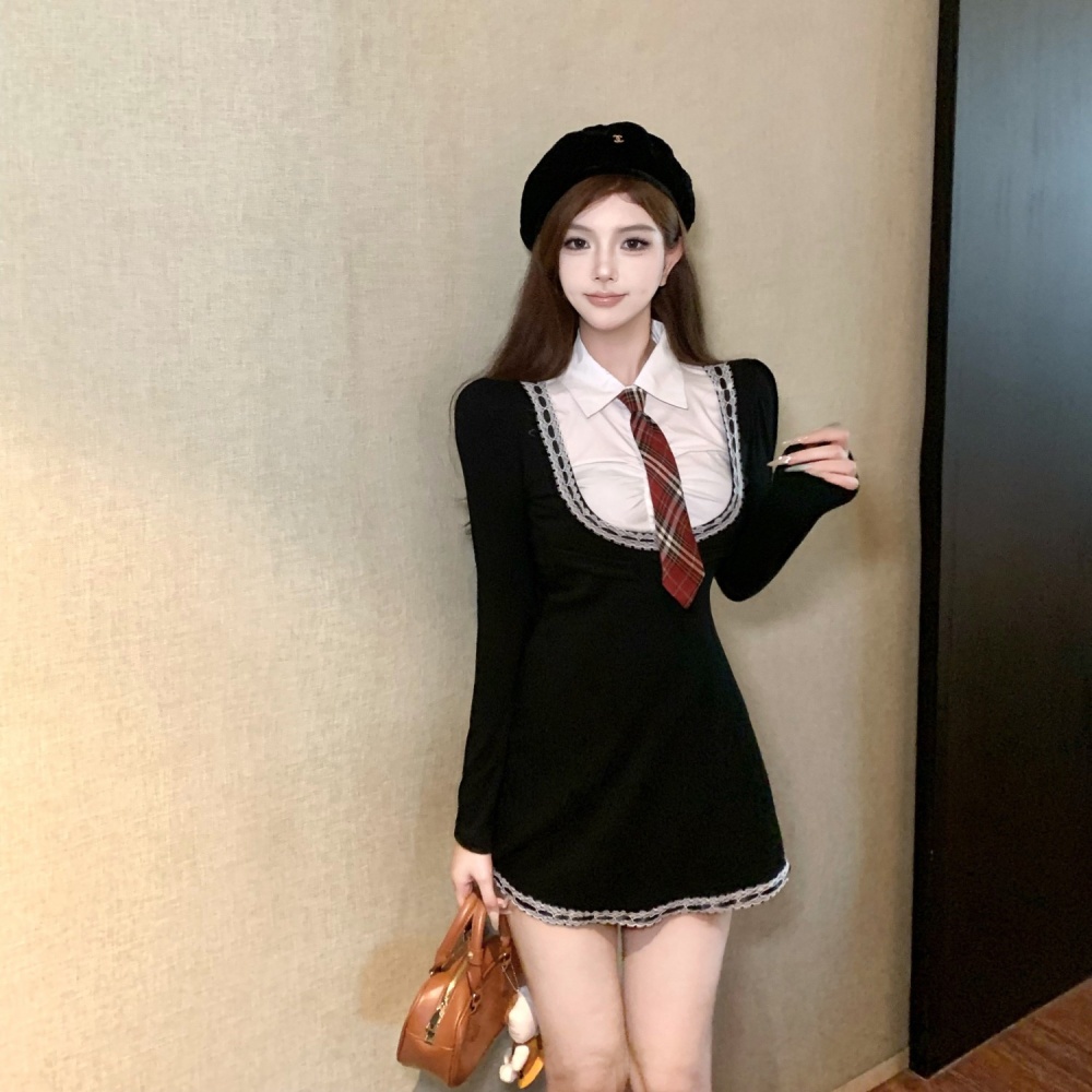 Long sleeve splice shirt with tie college style dress