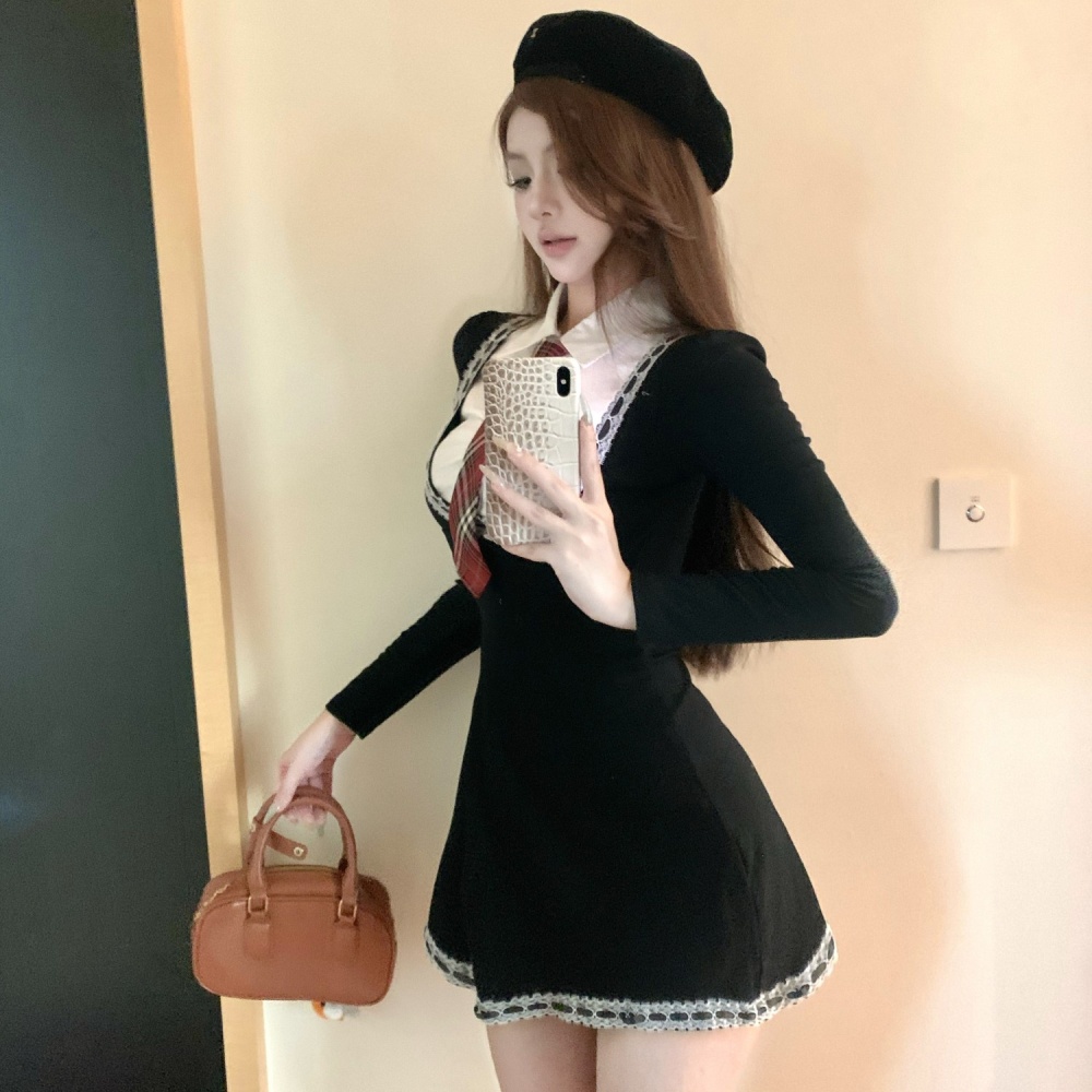 Long sleeve splice shirt with tie college style dress