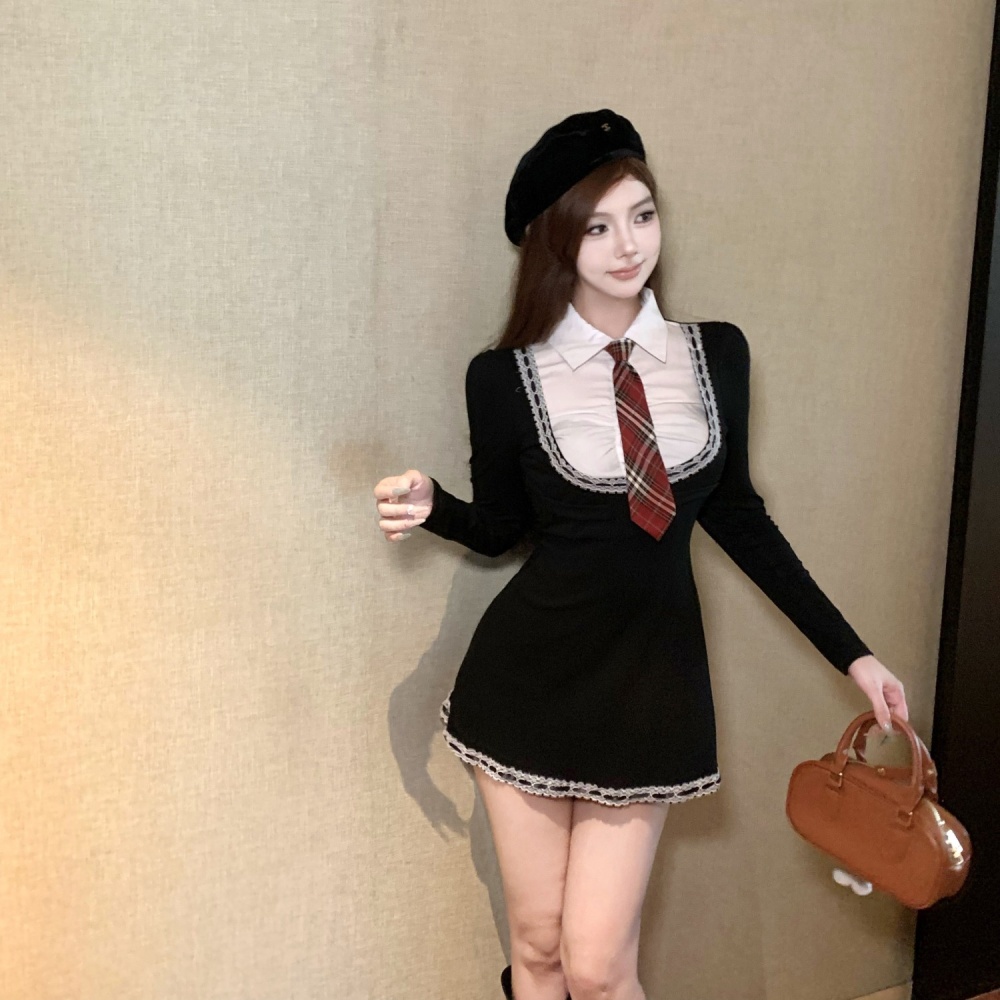 Long sleeve splice shirt with tie college style dress