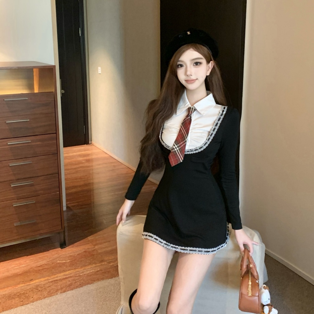 Long sleeve splice shirt with tie college style dress