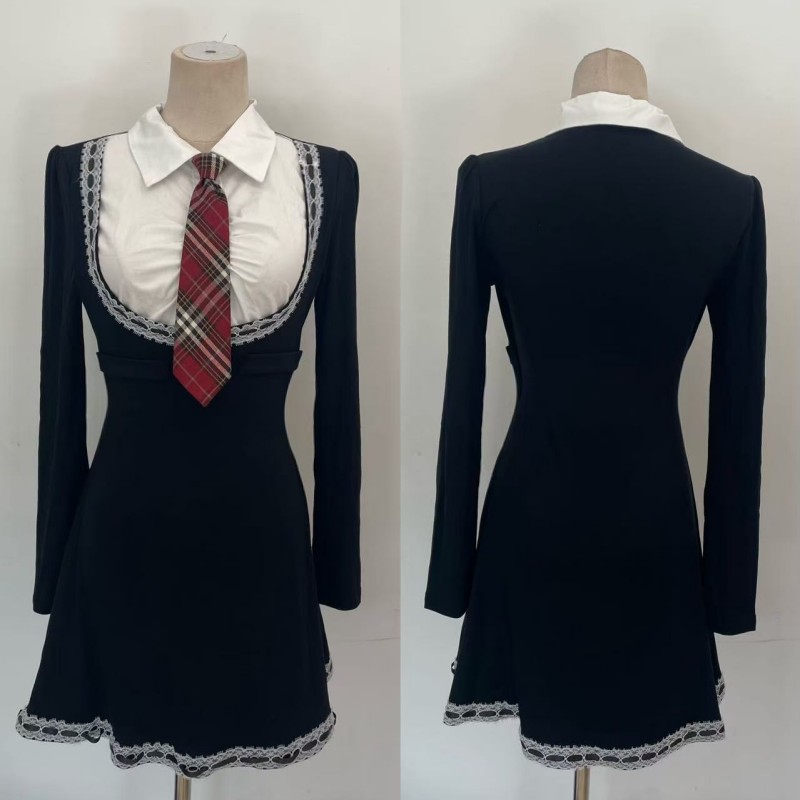 Long sleeve splice shirt with tie college style dress