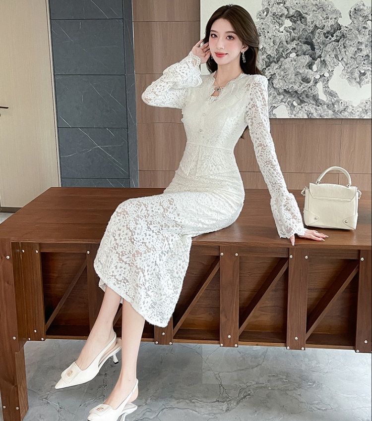 Lotus leaf edges autumn package hip long dress V-neck lace dress