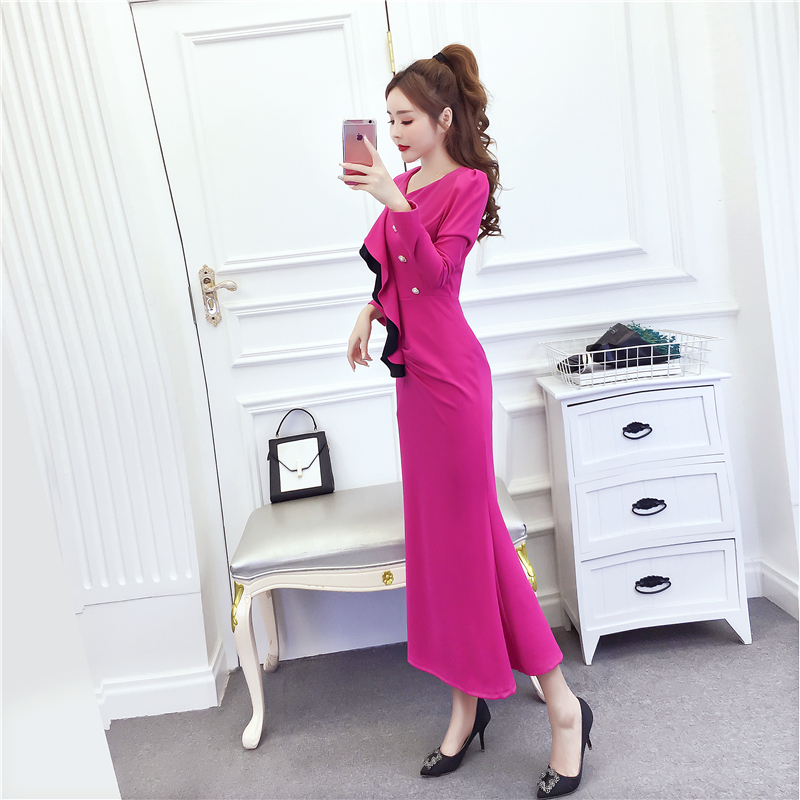 Temperament slim dress lotus leaf edges formal dress