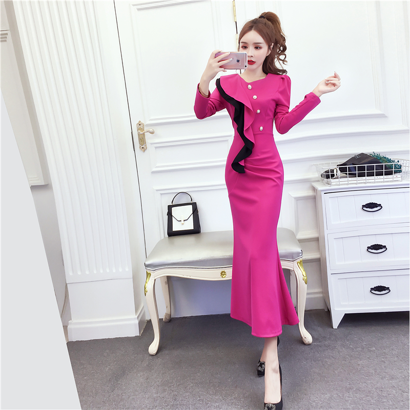 Temperament slim dress lotus leaf edges formal dress