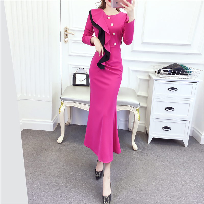 Temperament slim dress lotus leaf edges formal dress