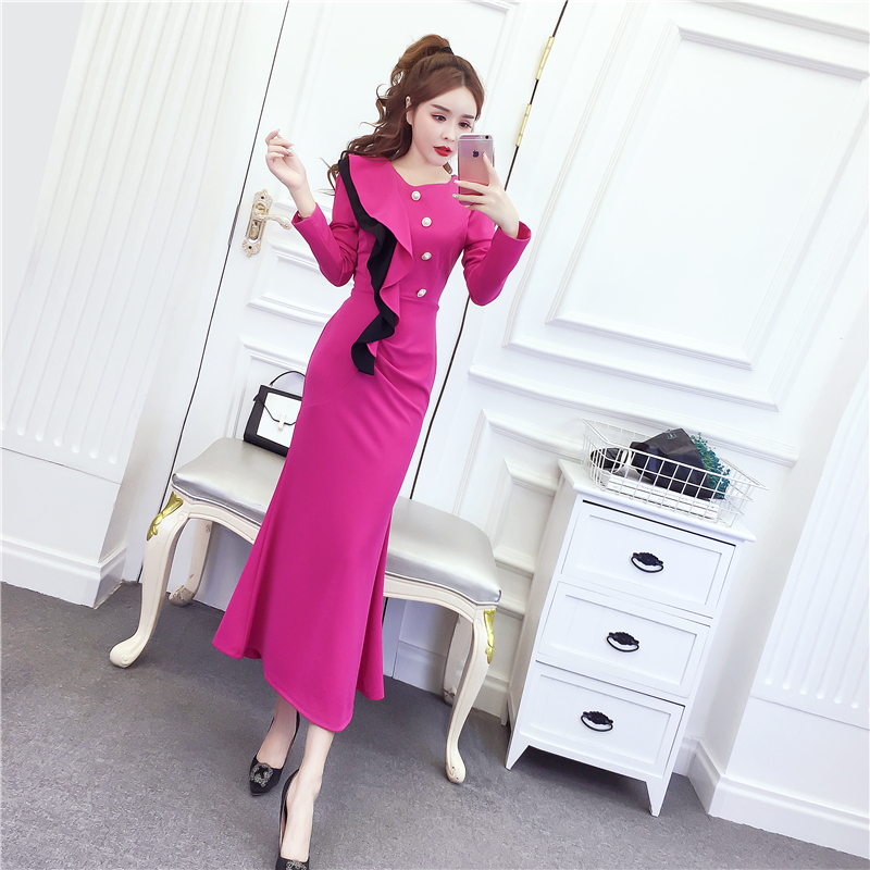 Temperament slim dress lotus leaf edges formal dress