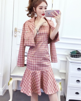 Fashion plaid coat sling slim dress 2pcs set