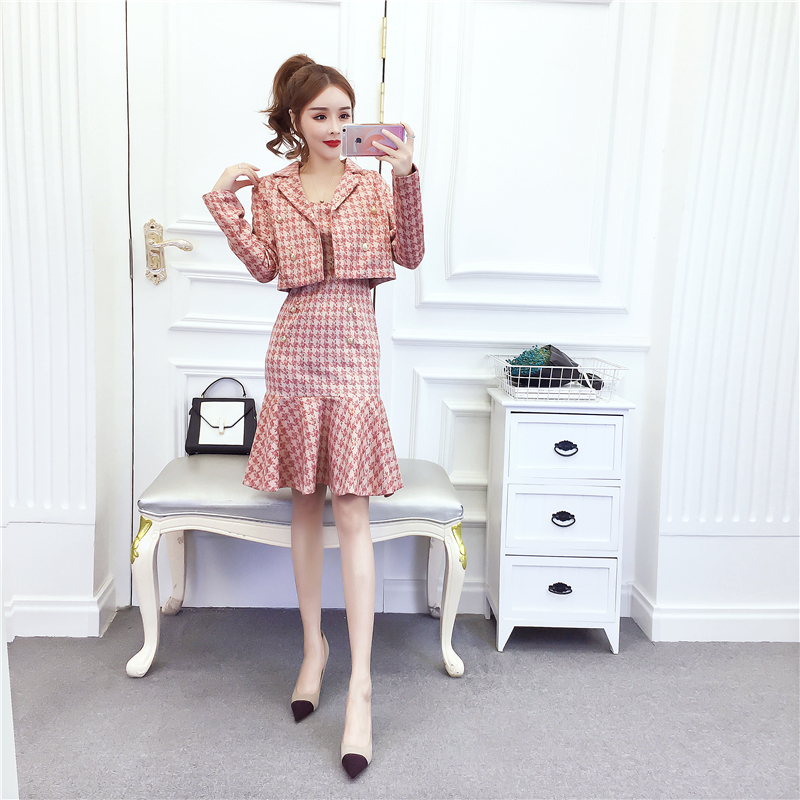 Fashion plaid coat sling slim dress 2pcs set