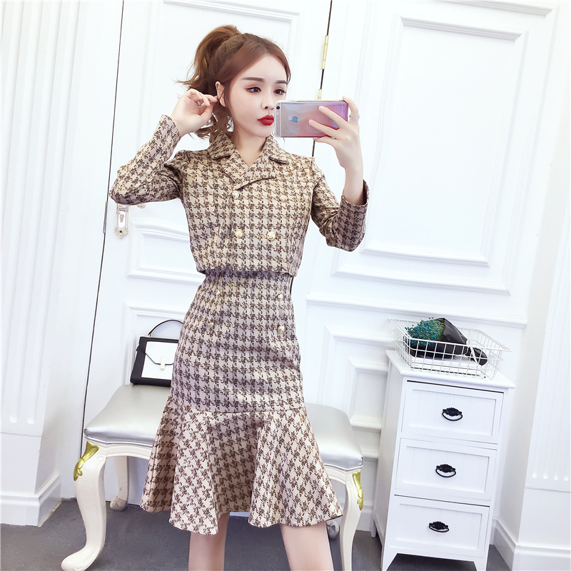 Fashion plaid coat sling slim dress 2pcs set