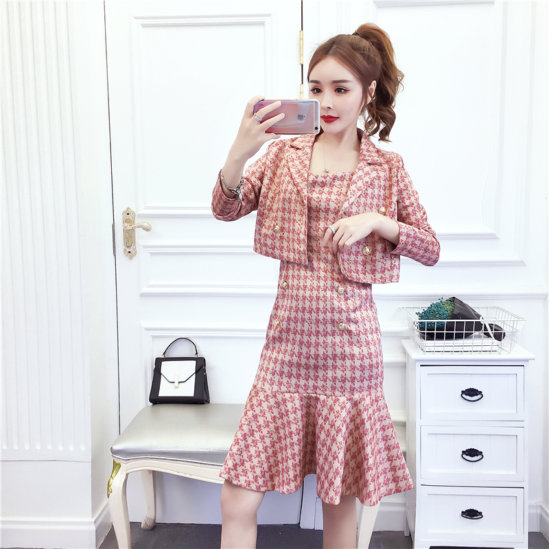 Fashion plaid coat sling slim dress 2pcs set