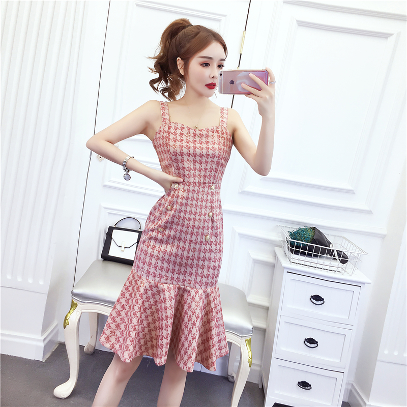 Fashion plaid coat sling slim dress 2pcs set