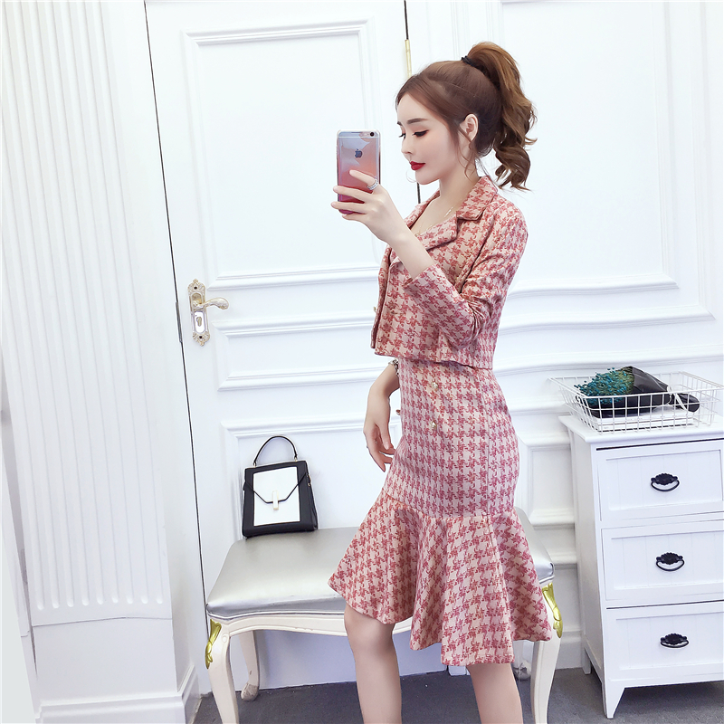 Fashion plaid coat sling slim dress 2pcs set