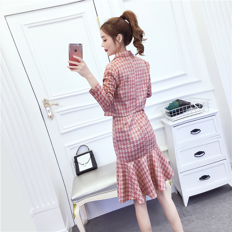 Fashion plaid coat sling slim dress 2pcs set