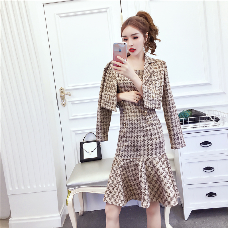 Fashion plaid coat sling slim dress 2pcs set