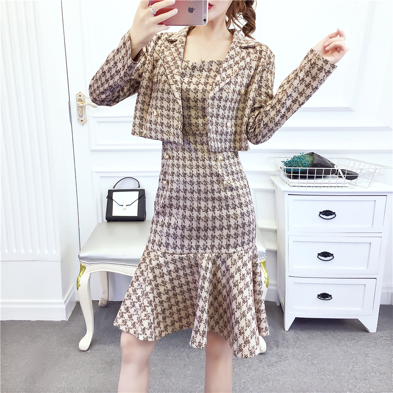 Fashion plaid coat sling slim dress 2pcs set