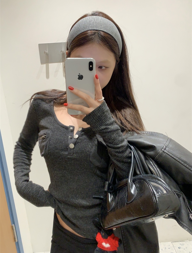 Pocket slim sweater long sleeve bottoming tops for women