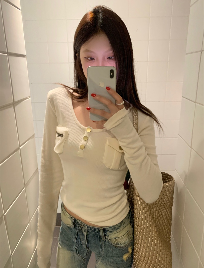 Pocket slim sweater long sleeve bottoming tops for women