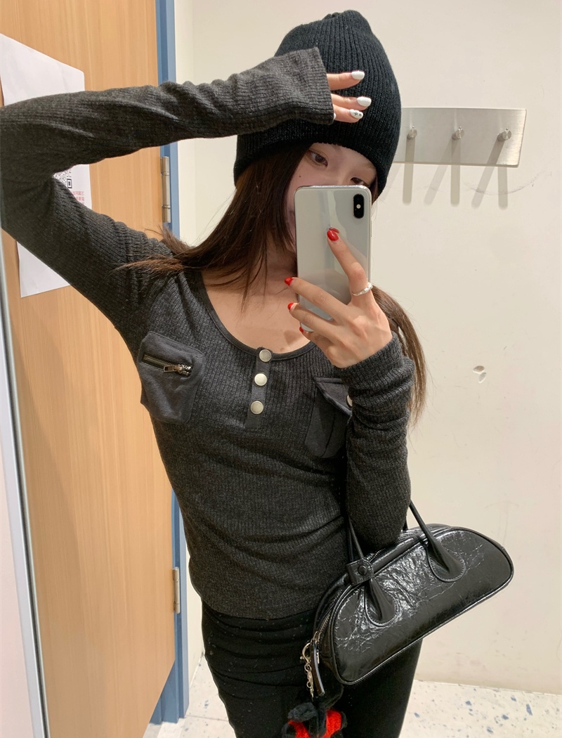 Pocket slim sweater long sleeve bottoming tops for women