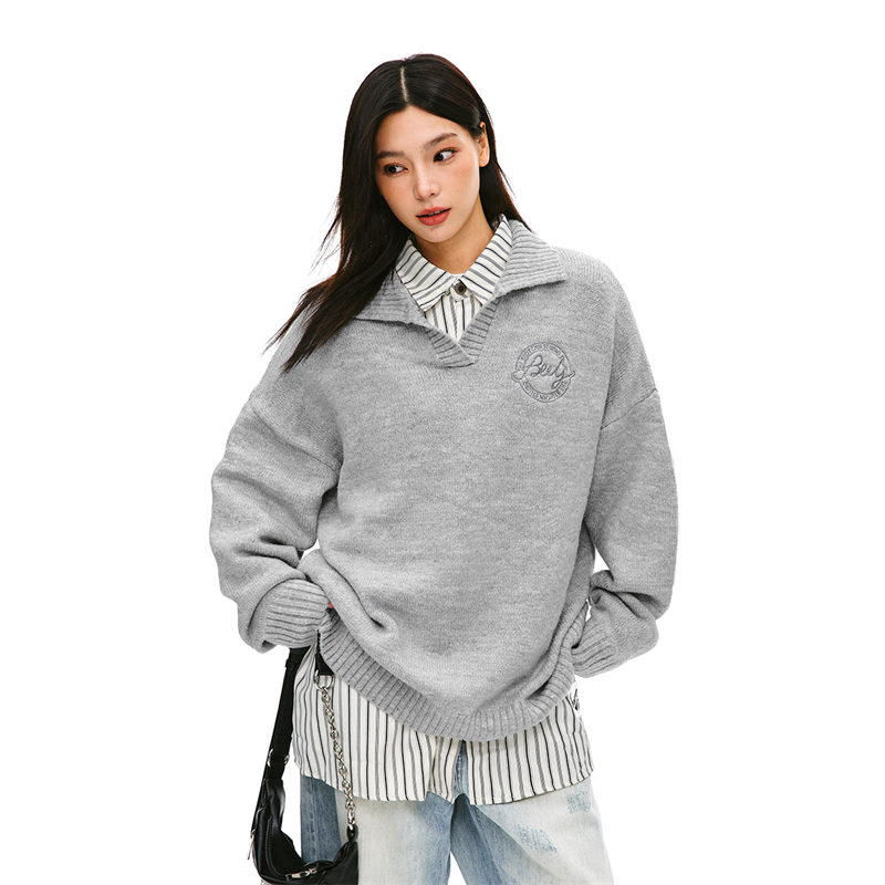 Loose sports college style sweater lapel lazy coat