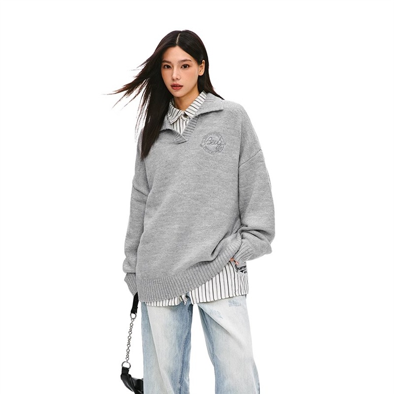 Loose sports college style sweater lapel lazy coat