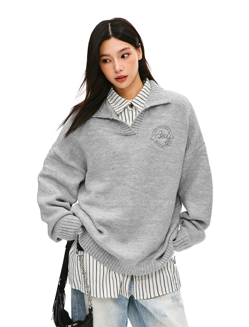 Loose sports college style sweater lapel lazy coat