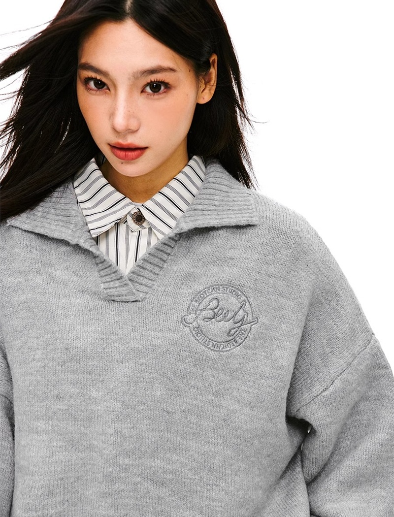 Loose sports college style sweater lapel lazy coat