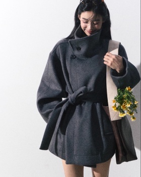 Cstand collar short pinched waist wool woolen coat