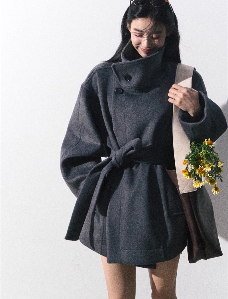 Cstand collar short pinched waist wool woolen coat