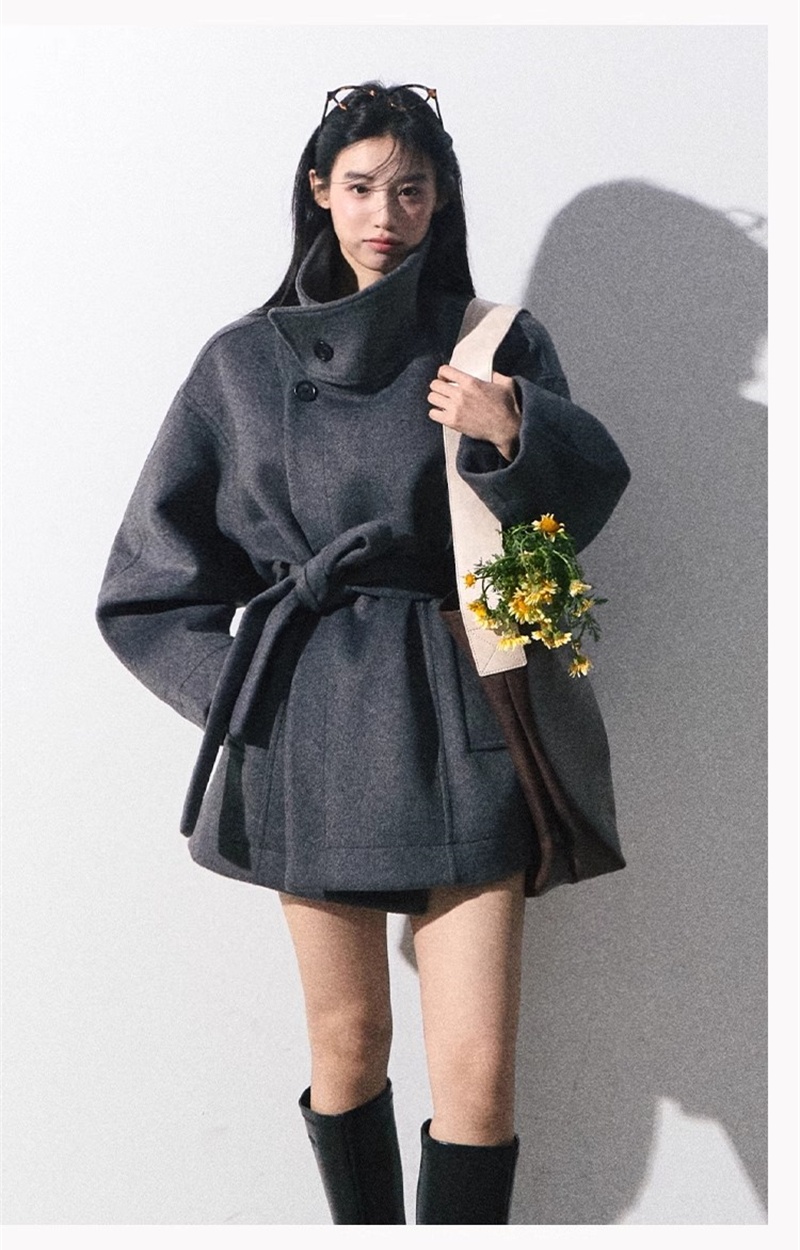 Cstand collar short pinched waist wool woolen coat