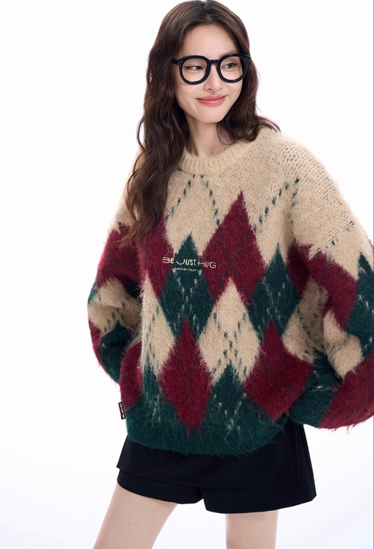 Retro round neck loose christmas sweater for women