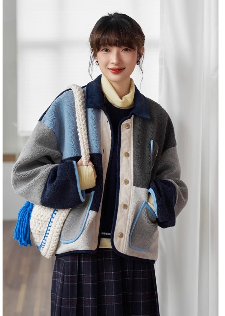 Mixed colors loose lambs wool colorful retro jacket