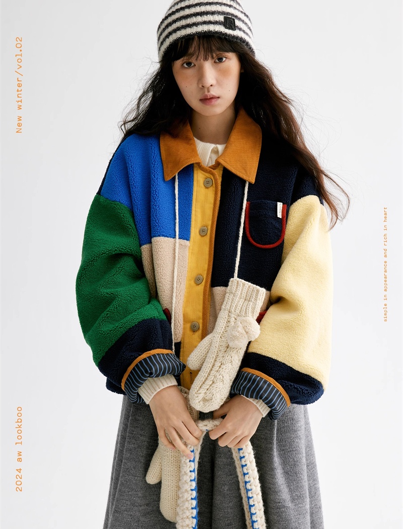 Mixed colors loose lambs wool colorful retro jacket