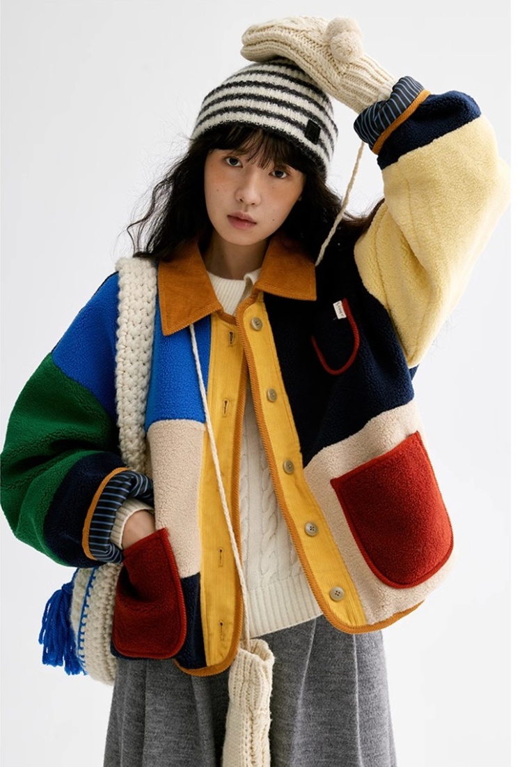 Mixed colors loose lambs wool colorful retro jacket