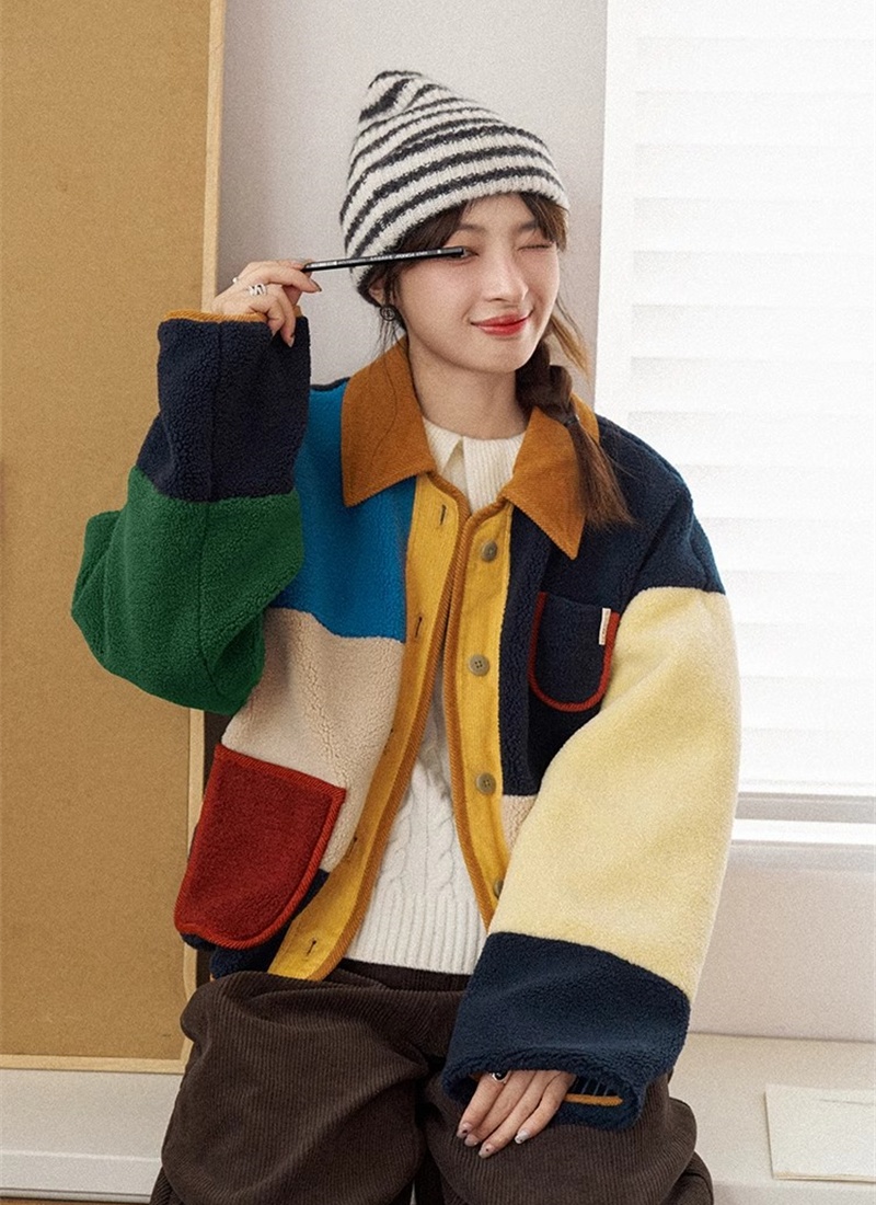 Mixed colors loose lambs wool colorful retro jacket