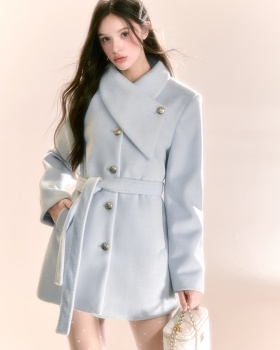 Blue thick overcoat sweet pinched waist woolen coat for women