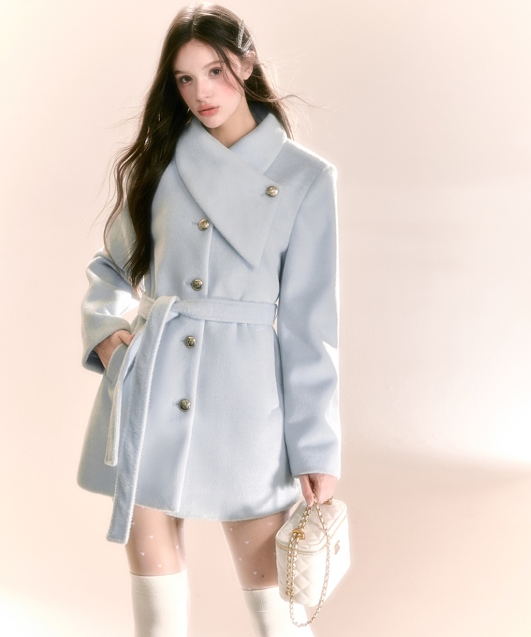 Blue thick overcoat sweet pinched waist woolen coat for women