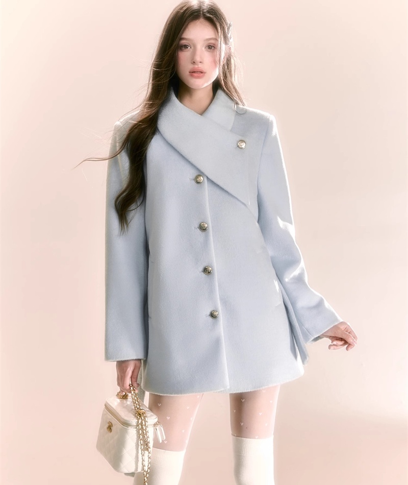 Blue thick overcoat sweet pinched waist woolen coat for women