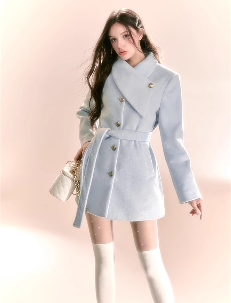 Blue thick overcoat sweet pinched waist woolen coat for women