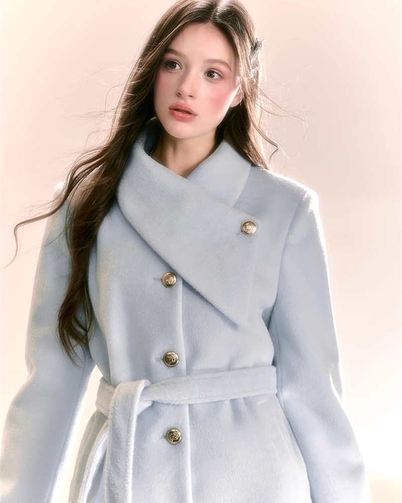 Blue thick overcoat sweet pinched waist woolen coat for women