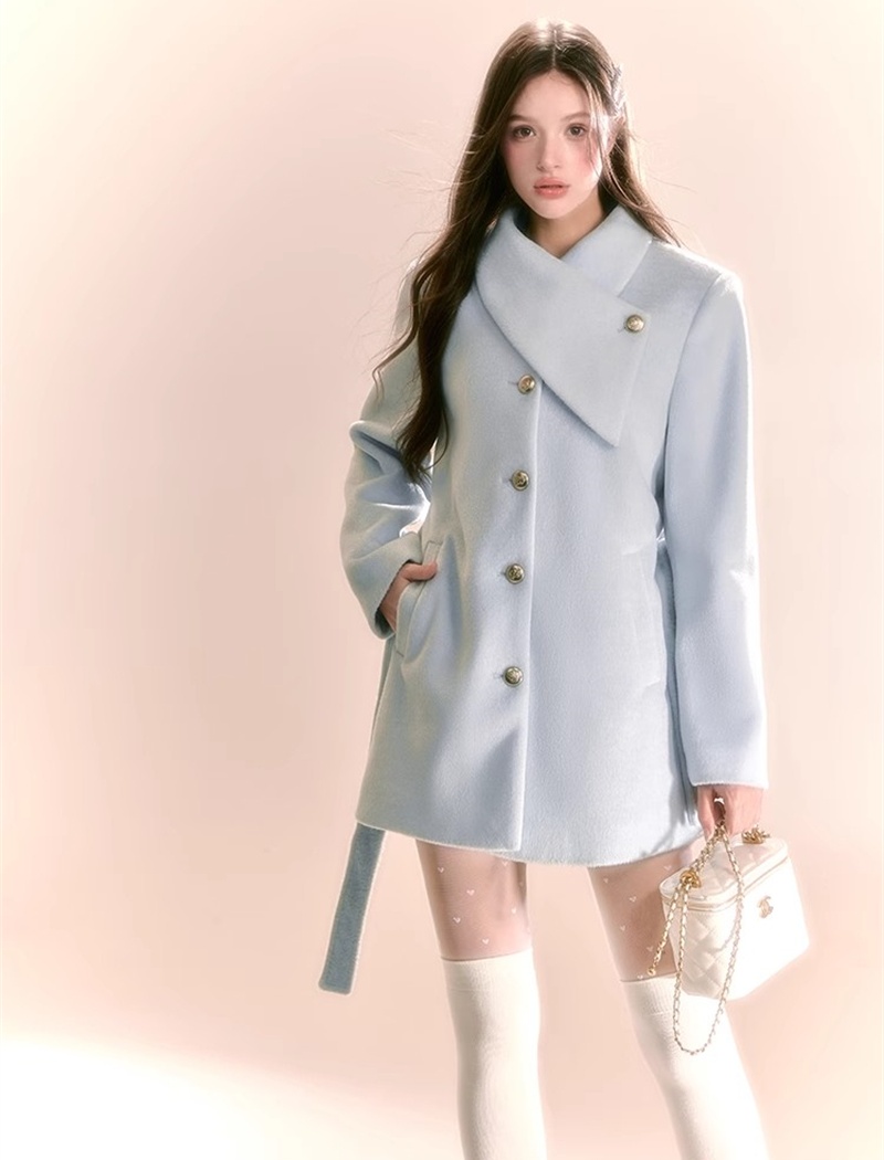 Blue thick overcoat sweet pinched waist woolen coat for women