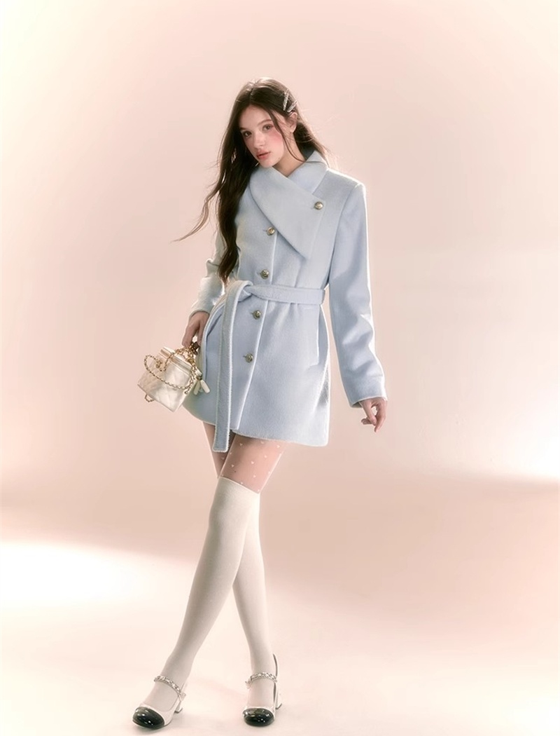 Blue thick overcoat sweet pinched waist woolen coat for women