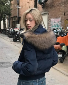 Hooded winter fur collar down coat short navy-blue coat