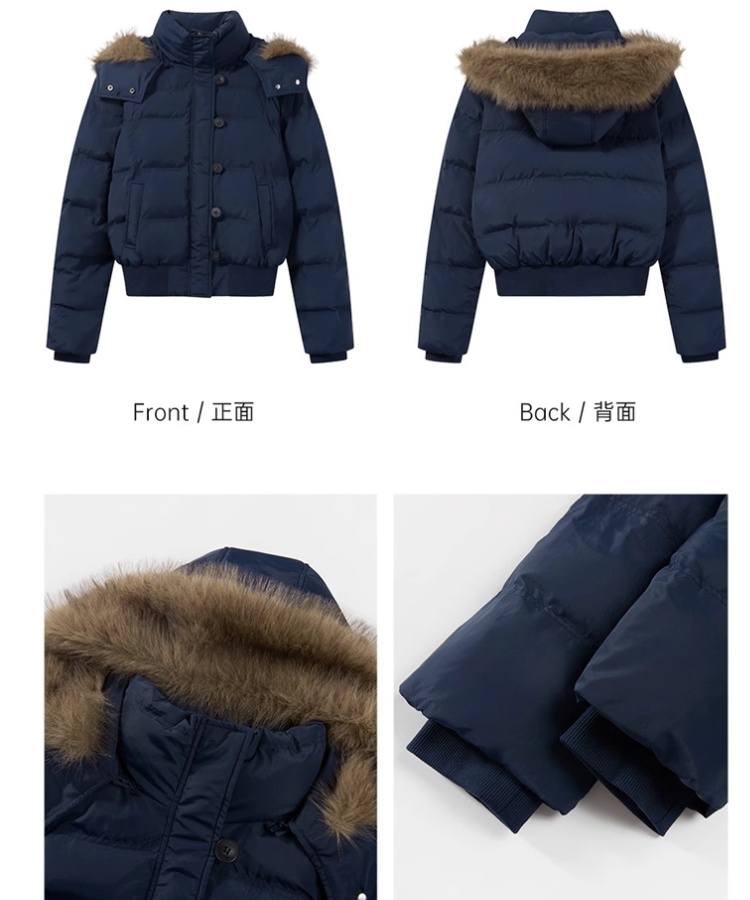 Hooded winter fur collar down coat short navy-blue coat